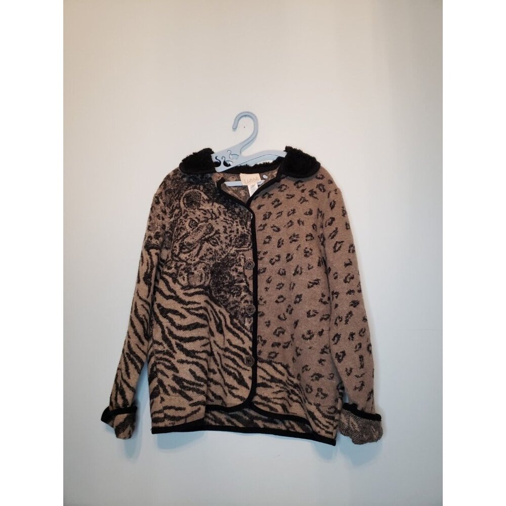Cedar Canyon Womens M Cardigan Button Long Sleeve Tiger Leopard Print Wool Blend